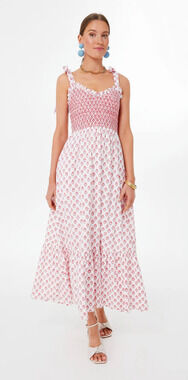Pink City Prints Rose Meadow Red Block Jessica Maxi Dress Smocked Tuckernuck M